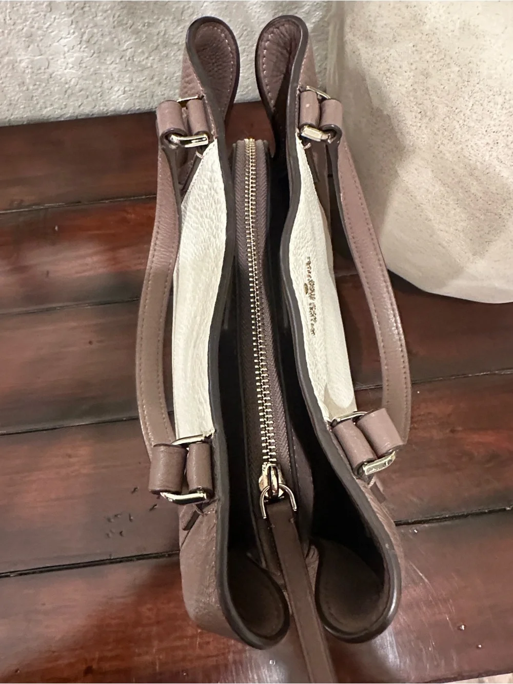 kate spade Two-Tone Pebbled Leather Satchel in Cream and Mauve Brown
